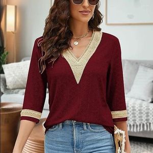 Bluzki damskie Blusas Autumn V-Neck Casual Solid Y2K Tops Lose Biała koronkowa koszula 3/4 rękawy 2023 Elegancka /młodzieńcza mejr blosue