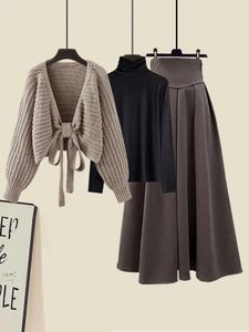 Two Piece Dress Autumn Winter Clothes For Women Outfit Korean Casual Bow Bandage Knitted Cardigans basic Shirts high Waist A line Skirts Sets 231123