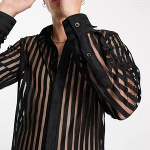 Men's Casual Shirts Long Sleeve Loose Printed Shirt Y2K See-through Sexy Black Large Size Tops Solid Color