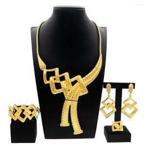 Halsband örhängen set dubai smycken kvinna guld tallrik unik fyrkantig örhänge design nigeriansk brudfest ring tillbehör ll