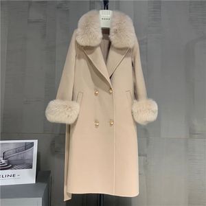 Женская полушерстяная куртка 2023, женская модная зимняя длинная куртка с большим натуральным меховым воротником, кашемировое пальто, двубортный ремень, верхняя одежда, манжеты 231122