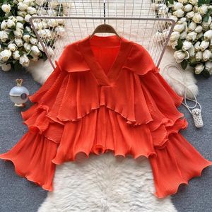 Kadın bluzları Blusas Mujer Tops v Boyun fırfırları Flouned Edge Moda Bluz Kadınlar 2023 DOĞRU RENK TASARIMI INS Camisas Sonbahar Damla