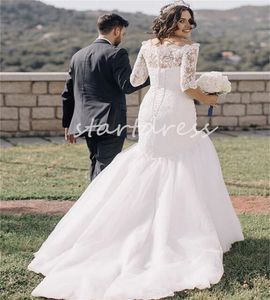 Красивое белое кружевное свадебное платье русалки с вырезом лодочкой и половиной рукава, кружевное садовое платье невесты в стиле кантри, корсет, причудливое богемное свадебное платье Vetios De Novia Robe Mariage
