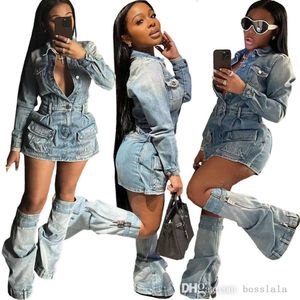 Women Jeans Dress Tracksuits Women Sexy Multi Pocket Wash Denim Dresses Three Piece Set Including Trouser Legs Clothes Outfits