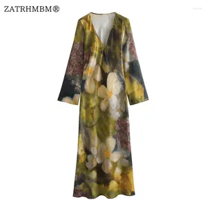 Casual Dresses ZATRHMBM Women 2023 Autumn Fashion Floral Print Midi Dress Vintage V-Neck Long Sleeve Elegant Female Vestidos Mujer