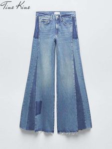 Löst denim Kvinnor byxa sommarblå breda ben byxor streetwear kvinnliga mode lapptäcke midi midja lady jeans