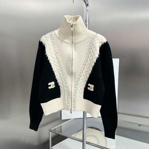 Ce New Heavy Industry Nail Diamond Contrast Sweater Coat Women's Autumn and Winter Celebrity Style Zipper Senior Letter Knit Top