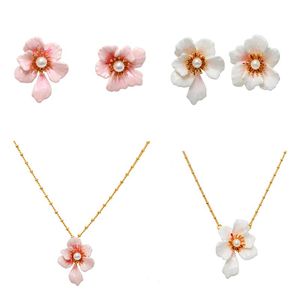 Stud Earrings Sweet Enamel Glaze Pearl White Cherry Blossom Flower Asymmetric Large Necklace Wholesale For Woman TrendStud