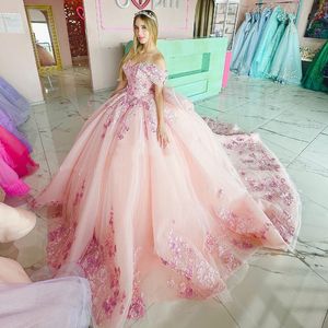 Mexicano rosa fora do ombro vestido de baile quinceanera vestido 2024 frisado rendas apliques contas tullbirthday vestidos doce 16 vestido rendas