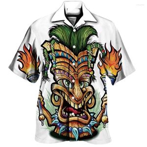 Freizeithemden für Herren 2023 Maya-Totem 3D-Druck Herren-Hawaiihemd mit kubanischem Kragen und Totenkopf-Design Kurzarm-Modeoberteil für Männer