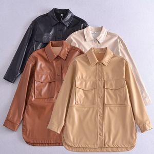 NSZ women oversized pu faux leather jacket fall fashion shirt coat long sleeve ladies outerwear 201030