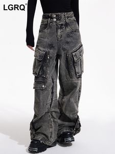 Kvinnors jeans lgrq mode lös hög midja stora fickor rak lapptäcken last denim byxor kvinnlig sommar 2023 19J3929 230422