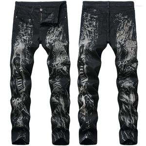 Herren Jeans Frühling und Herbst Herren Enge Schwarze Slim Fit Trend Personalisierte Stretch-Denim-Hosen mit Tierdruck Straßenkleidung