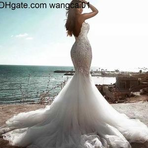 Wangcai01Runway Dresses Lace Mermaid Dresses 2023 Tul Lace Hostals Crystals Off Counder Wedder Bridals