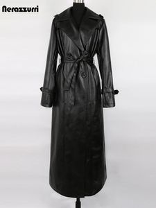 Giacche da donna Nerazzurri Primavera Autunno Trench coat extra lungo impermeabile in morbida pelle nera per donna Cappotto di lusso lungo fino al pavimento 231123