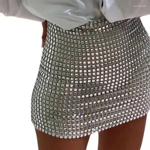 Kjolar sexiga silver rutnät paljetter sömmar mini bodycon kjol kvinnor sommar hög midja glittrande paket höft nattklubb fest penna