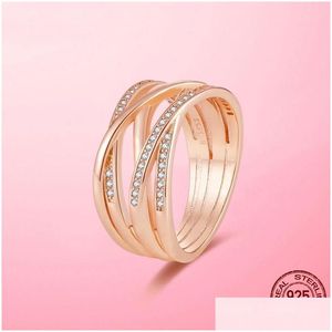 Solitaire Anel Brand New 925 Sterling Sier Anéis de Ouro Espumante Linhas Polidas Rosa Pave Casamento Noivado DIY Jóias Originais Para D Dhog0