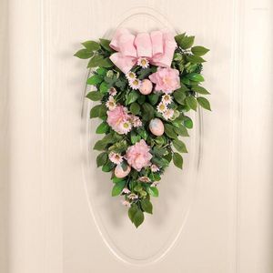 Flores decorativas de 55cm de porta falsa da Páscoa pendurada com ornamento com folhas verdes de arco grinalda para decoração de janela frontal externa para fora