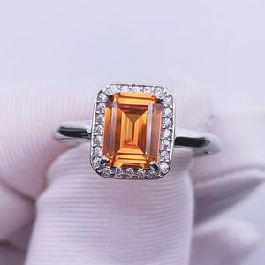 Cluster Rings Luxury Orange Yellow Sapphire Ring Emerald Cut Lab-grown Jewelry For Women S925 Silver 18K White Gold Plated