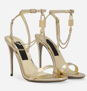 Elegant Brand Calfskin Women Keira Sandals Shoes Charm-embellished Chain Key And Lock Stiletto Heels Lady Party Wedding Dress Lady Footwear EU35-43