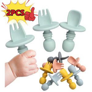 New New BAP Free Food Grade Infant Mini Silicone Tableware Set Baby Soft Kitchen Accession Fork Spoon Kids Portable Pure Color 2023