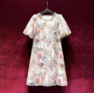 Runway Dresses European and American Women's Dress Summer New Style Shortsleeved Beaded Crew Neck Mesh Flower Print Fashion