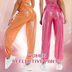 Calças femininas capris mulheres cintura alta metálica jogger calças reflexivas brilhantes holográficas soltas hip hop dance bottoms streetwear 231123