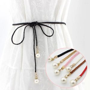 Belts Women Belt Style Candy Color Waist Chain Rope Braided Big Pearl Dress Hand Made Fashion White Black Red