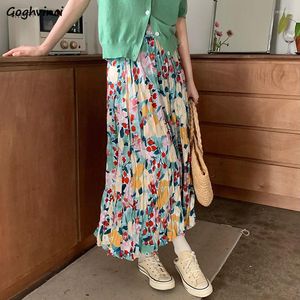 Skirts Midi Women Pleated Loose Floral Prairie Chic French Style Elegant Literary Elastic Waist Summer Temper Streetwear Casual