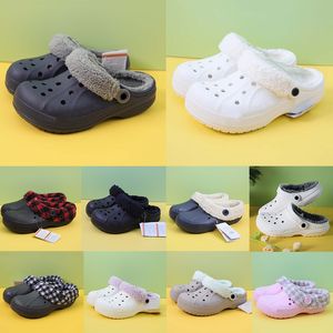 designer lined fur croc sandals mens fashion clog fuzz-strap flat slides black white blue green pink winter warm fur slippers men women kids platform sneakers sandles