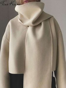Elegant kvinnlig kappa med halsduk Hösten långärmad korta rockar kvinnliga vintermode streetkläder lösa damer överrock