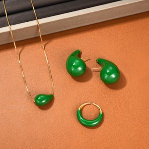 2023 Summer New Lacquer Green Enamel Droplet Necklace Earrings Ring Set All-Match Fashion Charm Jewelry Accessories