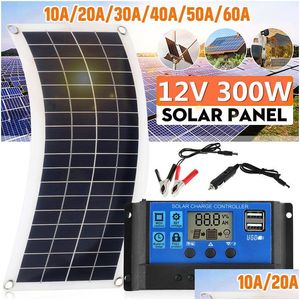 Güneş Panelleri Taşınabilir 300W Panel Kiti 12V USB Şarj Arabirim Kartı, Telefon RV Araba Damlası Teslimat DhoQW için Denetleyici Su Geçirmez Hücrelerle