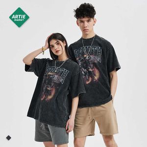 男性と女性のTシャツメンズウェア春と夏の新しいファイヤー馬のプリント中古Tシャツメンズダークウォッシングメンズ半袖