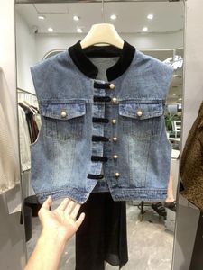 Frauen Westen Denim Weste Retro Gold Samt Patchwork Herbst 2023 Einreiher Kurze Top Y2k Cropped Jacke Chalecos Mujer