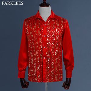 Męskie koszule Red Silk Satin Satin Men Shirt Cei Wedding Party Mężczyzn Sukienka Disco Disco Tancer Men Men Long Rleeve Patchwork Shirts Mens 231122