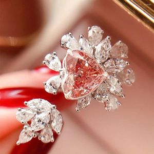 Anelli a grappolo Zirconia Pink Peach Heart Ring for Women 925 Stamp High Carbon Diamond Full Jewelery Feeding Party Gift Wholesale