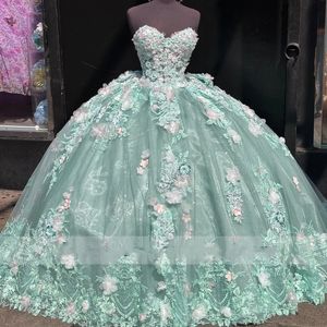 Sage Green Floral Appliques Ball Gown Quinceanera Dresses 2024 With Bow Sweetheart Beads Corset Vestidos De 15 Anos Birthday Gown