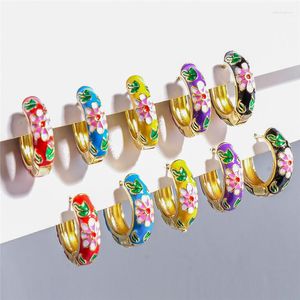 Hoop Earrings Wholesale Fashion Colorful Flower Enamel Small Gold Metal Geometric Circle Huggie For Women Charm Jewelry