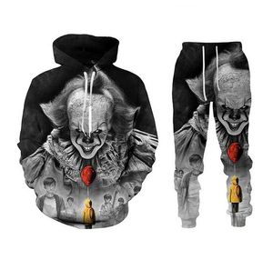 Divertente 3D Clown Stampato Moda Felpa con cappuccio + Pantaloni della tuta Felpa con cappuccio di Halloween Giacca casual Manica lunga Uomo / Donna Tuta sportiva Set RA010