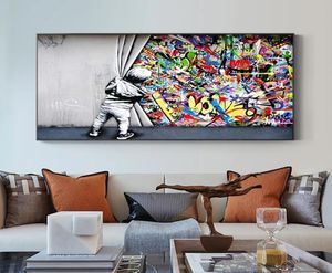 Dietro la tenda Dipinti su tela Graffiti Street Art Banksy Graffiti Art Cuadros Wall Art Immagini per soggiorno Home Decor C5323753