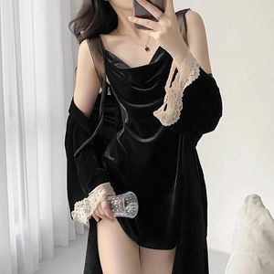 Mulheres sleepwear outono inverno mulheres camisolas manga longa veludo robe com vestido de estilingue 2 peças conjuntos feminino lazer nightwear homewear