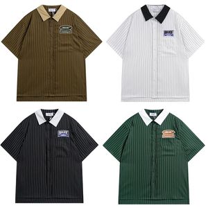 24SS Oversized Stripe Lapel Shirts Men Women Loose Patch Embroidery Brown Green White Black Short Sleeve