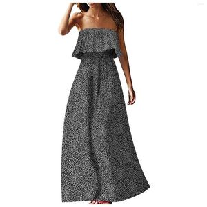 Casual Dresses Sexig rygglös axellös klänning Summer Women 2023 Bohemian Floral Prints Sundress Black Ruffle golvlängd vintage