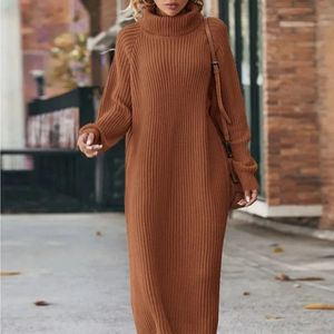 Basic Casual Dresses Winter Womens Fashion Temperament Elegant Slim Fit Coat Long Woolen Dress Loose High Neck Knitted 231123