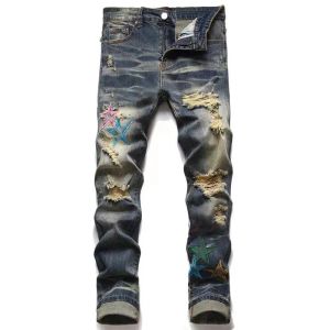 Novo designer masculino europeu e americano rasgou jeans HIP-Hop High Street Moda Moda Ciclismo Bordado de Motocicletas Quantas Fled Slim Lápis