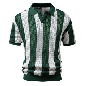 Men's Polos Green Striped V Neck See Through Mesh Polo Shirts Men Sexy Short Sleeve Transparent Fishnet Fashion Ribbed Knit Tops Homme