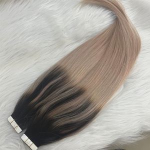 Tejp i hårförlängning Mänskligt hår svart blekning till askblond ombre band ins tillägg 100g/40 st