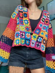 여자 니트 2023 Boho 격자 무늬 꽃 손 만들기 크로 셰 뜨개 가디건 여성 V 목이 긴 소매 1 버튼 스웨터 니트웨어 점퍼 휴가