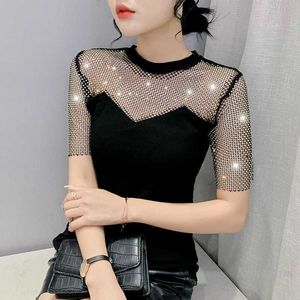 Женская футболка Black Mesh Hollow Top Женская летняя одежда Новая юношеская футболка с низкой темпераментом похудения.